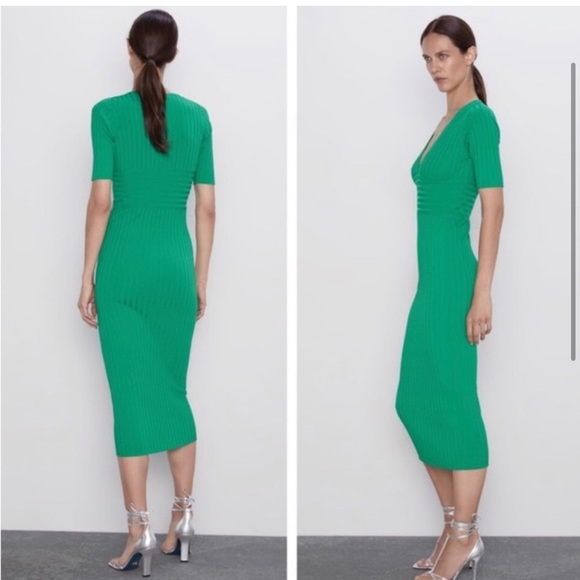 Zara Green Ribbed Knit Midi Dress. Size S perfect - Picture 2 of 14